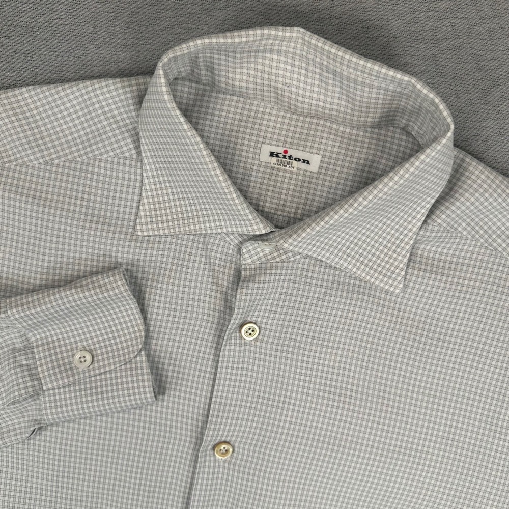 Kiton Dress Shirt Mens Size 43 Grey White Check Cotton Long Sleeve Made in Italy